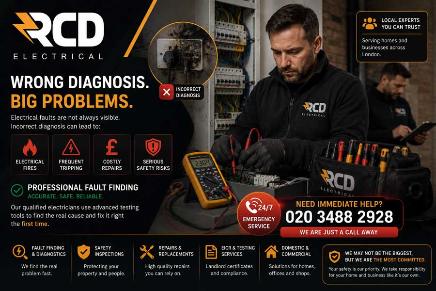 Electrical fault finding London engineer checking consumer unit and circuit faults