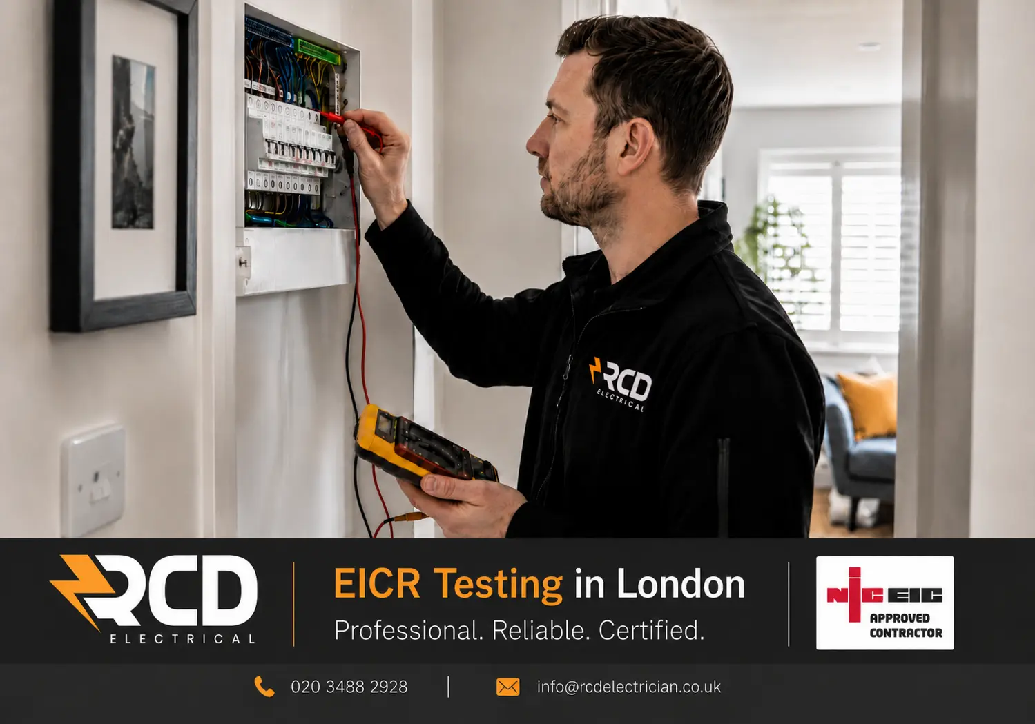 RCD Electrical electrician assessing a fuse box or consumer unit in a London property